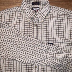 FACONNABLE Large Button Up Shirt Beige Check Mens Large USA Casual Logo